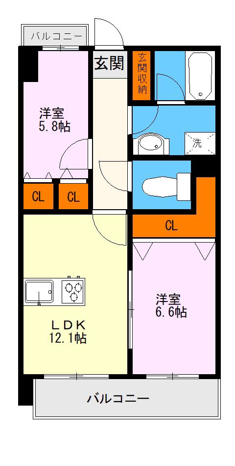 グランパーク渡鹿(2LDK/5階)の間取り写真