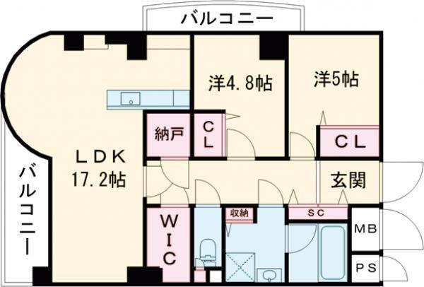 アントレ生駒2(2LDK/7階)の間取り写真