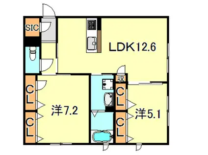 シャーメゾングランディール朝霧(2LDK/1階)の間取り写真