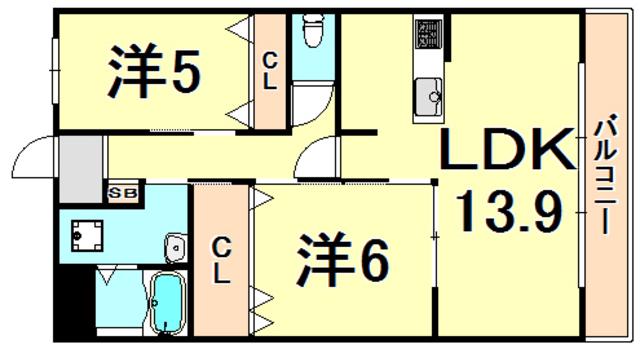 EXE東園田(2LDK/4階)の間取り写真