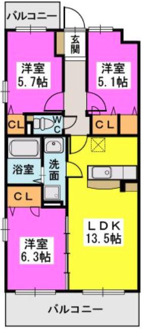 クレセール(3LDK/2階)の間取り写真