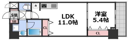 スプランディッド上本町ウエストII(1LDK/11階)の間取り写真