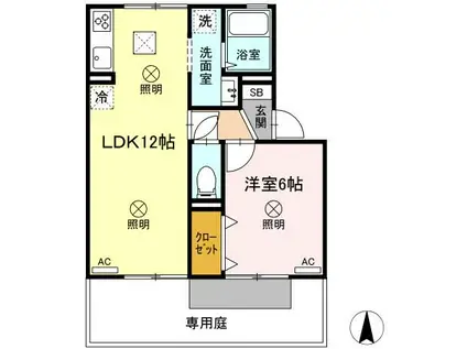 イーストヴィレッジB棟(1LDK/1階)の間取り写真