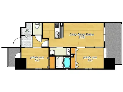 広島電鉄本線 福島町駅 徒歩10分 10階建 築12年(2LDK/6階)の間取り写真