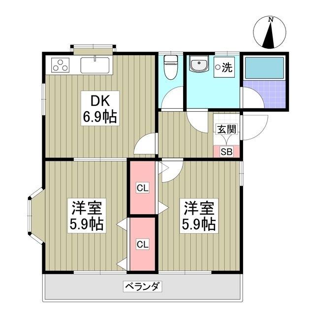メゾンシブキ上里(2DK/1階)の間取り写真
