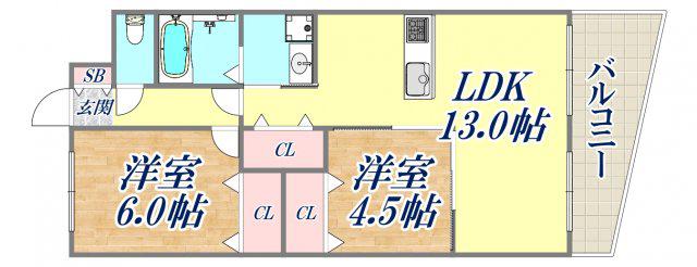 グランノーブル西宮(2LDK/2階)の間取り写真