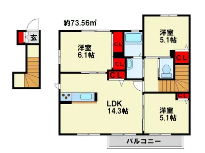 シャーメゾンKT B棟(3LDK/2階)の間取り写真