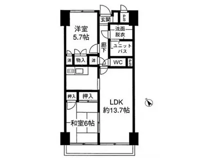 グランドール武戸野(2LDK/4階)の間取り写真