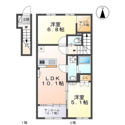 富山市向新庄町7丁目アパート(2LDK/2階)の間取り写真