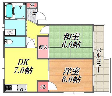 サンハイツヴィレッジ1(2DK/2階)の間取り写真