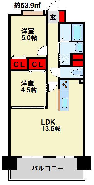 ソレアード苅田(2LDK/8階)の間取り写真