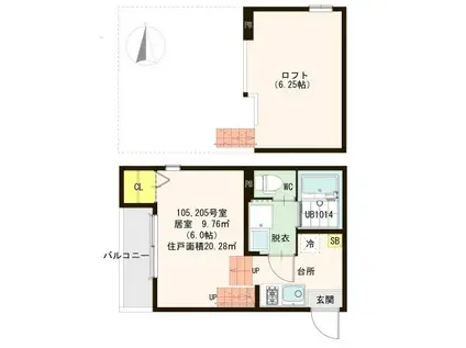 ハーモニーテラス六丁の目中町II(1K/2階)の間取り写真