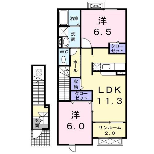 カーサ・サンフラワ-A(2LDK/2階)の間取り写真