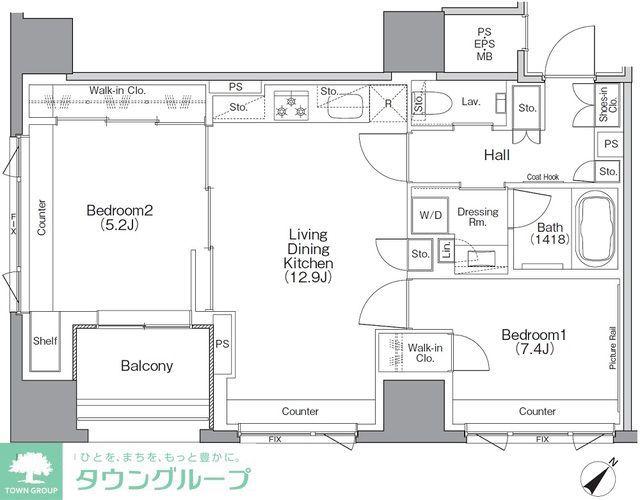 ザ・パークハビオSOHO横浜関内(2LDK/10階)の間取り写真