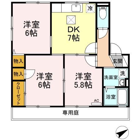 シャルマン B棟(3DK/1階)の間取り写真