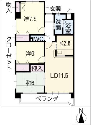 第2ヒルハイツ浅井(3LDK/3階)の間取り写真