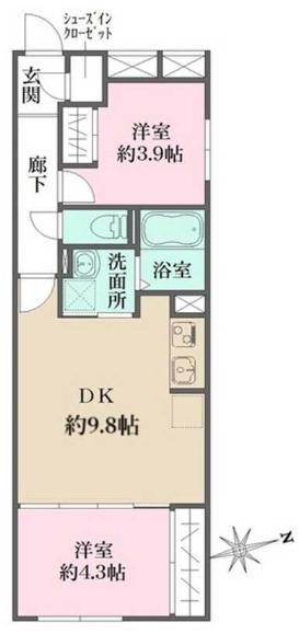 グローリオシェルト杉並方南町(2DK/4階)の間取り写真