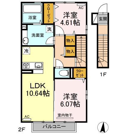 フローリッシュ下北方B棟(2LDK/2階)の間取り写真