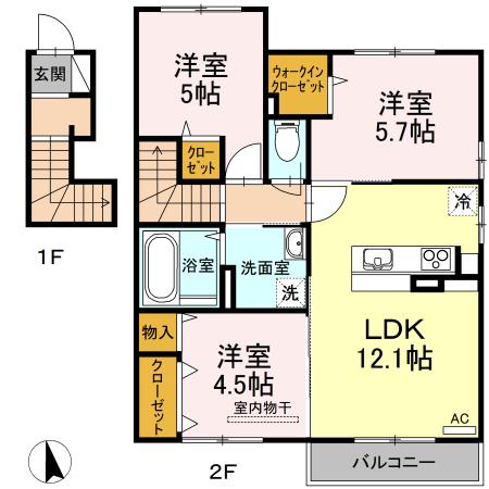 ルミエールC棟(3LDK/2階)の間取り写真