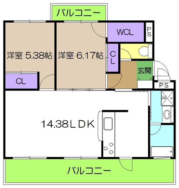 テラスワン(2LDK/1階)の間取り写真