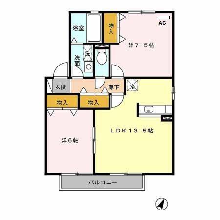 ウィルモア蓮B棟(2LDK/2階)の間取り写真