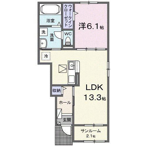 フルールドゥボヌールアオイ(1LDK/1階)の間取り写真