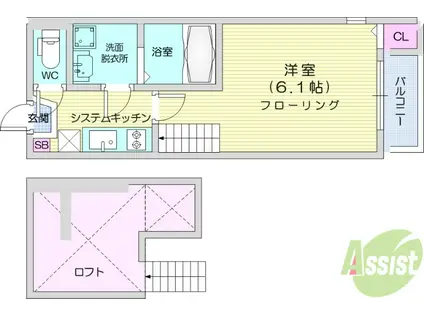 アリッサム東仙台(1K/1階)の間取り写真