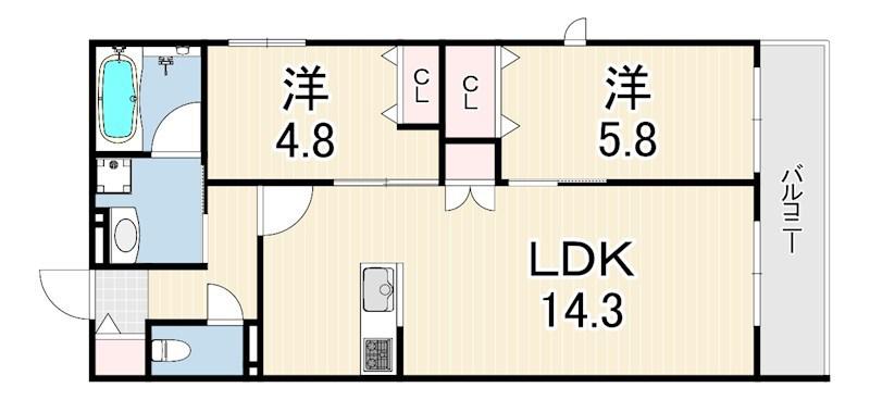 HEBEL MAISON 甲東園(2LDK/2階)の間取り写真