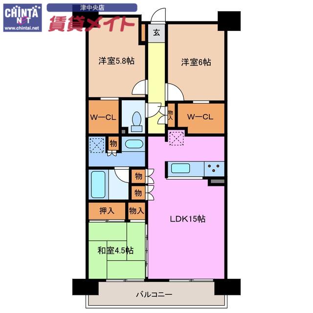 ポレスター津偕楽公園(3LDK/3階)の間取り写真