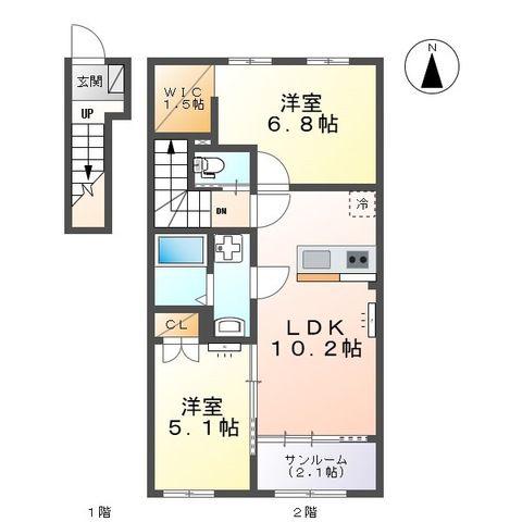 富山市向新庄町7丁目アパート(2LDK/2階)の間取り写真