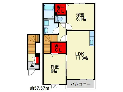 サンデリアーナII C(2LDK/2階)の間取り写真