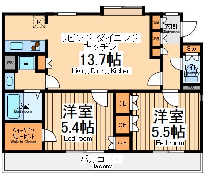 ラナイグレース国立(2LDK/2階)の間取り写真