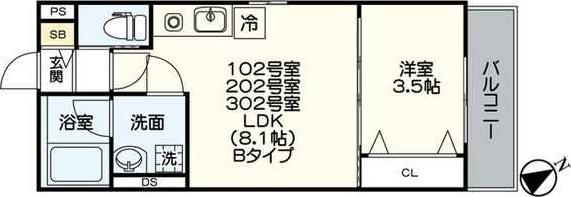 ジュネス内浜町(1LDK/1階)の間取り写真