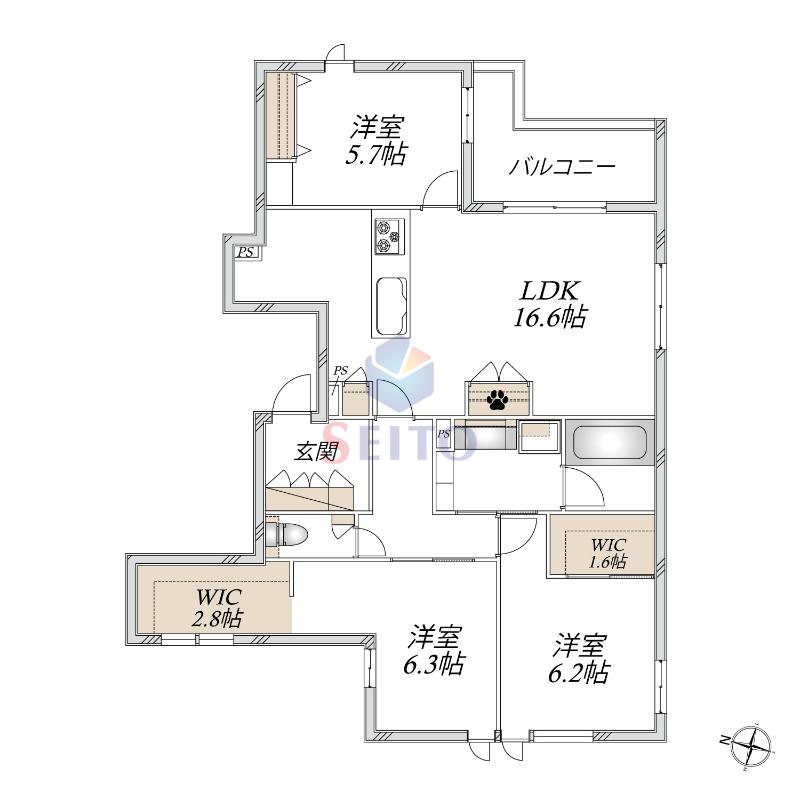 豊中市本町3丁目へーベルメゾン(3LDK/3階)の間取り写真