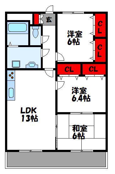 ブラッサムコート新宮(3LDK/1階)の間取り写真