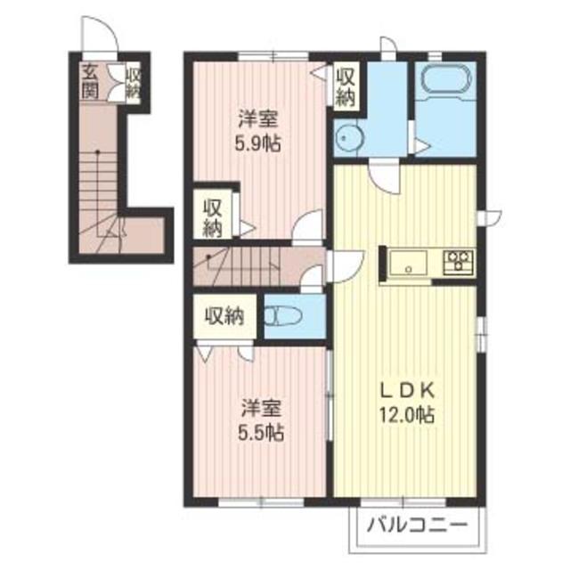 北原レジデンスB(2LDK/2階)の間取り写真