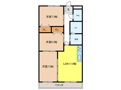 ロイヤル芝原北館(3LDK/3階)の間取り写真