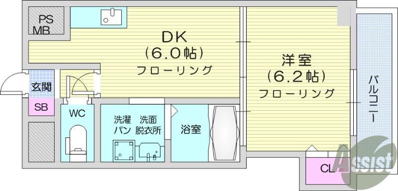 スズキヒルズ(1DK/6階)の間取り写真