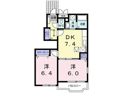 ニューハーバーライト(2DK/1階)の間取り写真