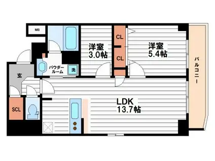 METROSA谷町六丁目サウス(2LDK/14階)の間取り写真