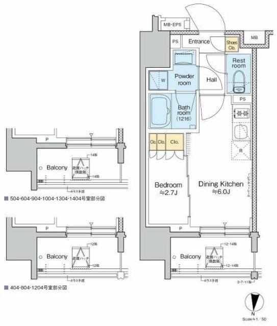 プラウドフラット亀戸ステーションプレイス(1DK/14階)の間取り写真
