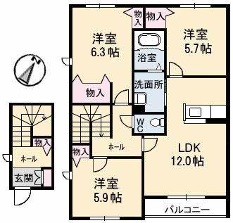 アルトーレ カーサ B棟(3LDK/2階)の間取り写真
