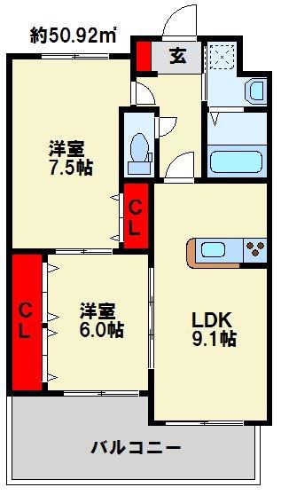 サンシャイン長崎街道黒崎 (2LDK/9階)の間取り写真