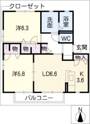 ビューバレー B棟(2LDK/1階)の間取り写真