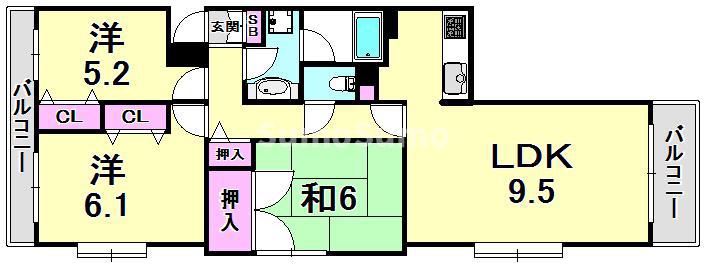 芦屋東パークハイツ(3LDK/5階)の間取り写真