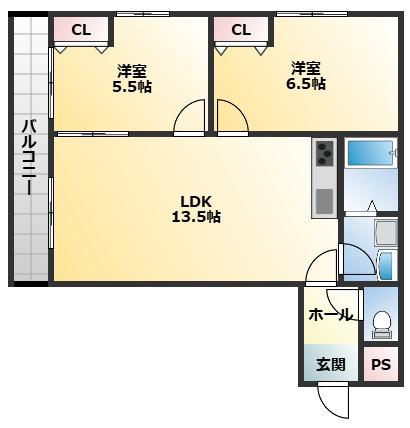 サンハイツ藤井寺(2LDK/4階)の間取り写真