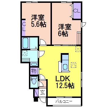 鹿沼市西鹿沼町2LDK(1LDK/1階)の間取り写真