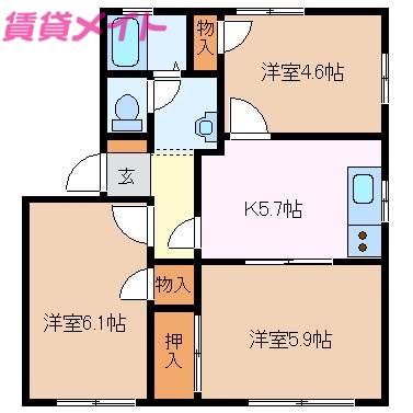 笹川ロッジ B(3K/1階)の間取り写真