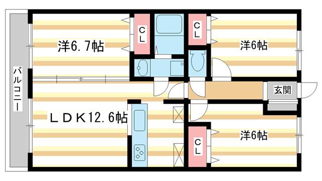 シャルム・サン ヒルズ(3LDK/3階)の間取り写真