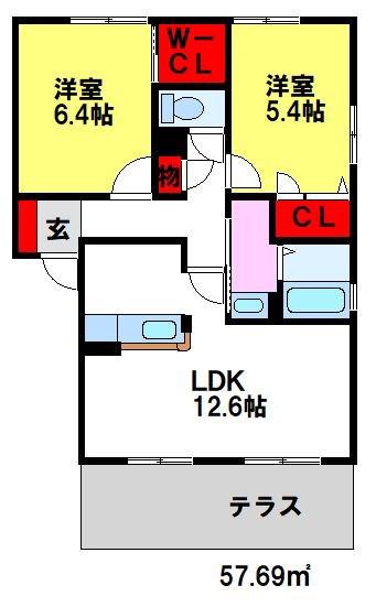 コートビレッジ本鳥栖(2LDK/1階)の間取り写真